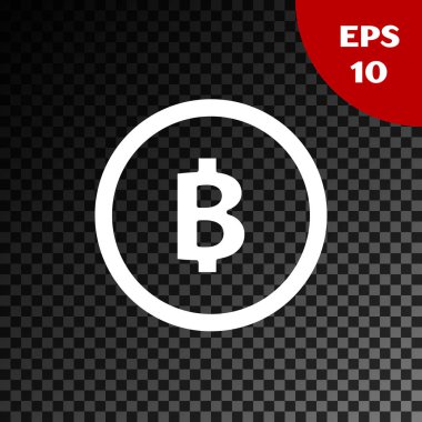 Beyaz Cryptocurrency sikke Bitcoin simgesi şeffaf koyu arka plan üzerinde izole. Fiziksel biraz para. Blockchain tabanlı güvenli kripto para birimi. Vektör İllüstrasyonu