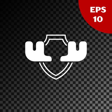 Saydam koyu arka plan üzerinde izole kalkan simgesi üzerinde Beyaz Geyik boynuzları. Duvarda av ganimeti. Vektör İllüstrasyonu