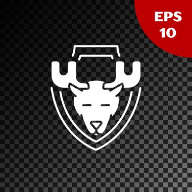 Şeffaf koyu arka plan üzerinde izole kalkan simgesi üzerinde Beyaz Geyik kafası. Duvarda av ganimeti. Vektör İllüstrasyonu