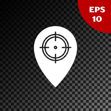 Beyaz Avı yer simgesi saydam koyu arka plan üzerinde izole. Navigasyon, işaretçi, yer, harita, gps, yön, yer, pusula, iletişim, arama. Vektör İllüstrasyonu