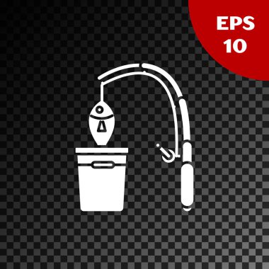 Beyaz Olta ve balık simgesi şeffaf koyu arka plan izole. Bir kovaiçine balık koyun. Balıkçılık ekipmanları ve balık yetiştiriciliği konuları. Vektör İllüstrasyon