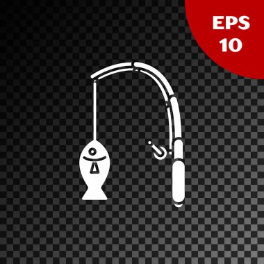 Beyaz Olta ve balık simgesi şeffaf koyu arka plan izole. Balıkçılık ekipmanları ve balık yetiştiriciliği konuları. Vektör İllüstrasyonu