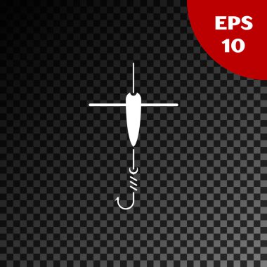 Beyaz Olta kancası ve şeffaf koyu arka plan üzerinde izole float simgesi. Olta takımı. Vektör İllüstrasyonu