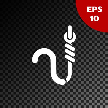 Beyaz Olta kancası ve solucan simgesi şeffaf koyu arka plan üzerinde izole. Olta takımı. Vektör İllüstrasyonu