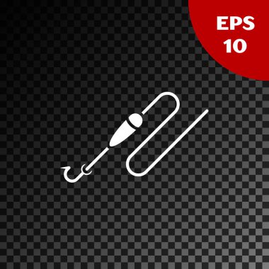 Şeffaf koyu arka plan üzerinde izole kanca ve float simgesi ile Beyaz Olta hattı. Olta takımı. Vektör İllüstrasyonu