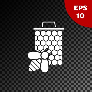 Beyaz Arı ve petek simgesi şeffaf koyu arka plan üzerinde izole. Bal hücreleri. Tatlı doğal yemekler. Bal arısı veya kanat sembolü ile apis. Uçan böcek. Vektör İllüstrasyonu