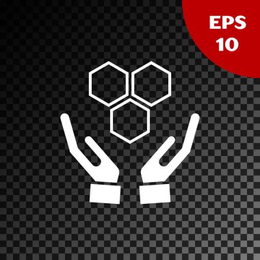 Beyaz Petek ve eller simgesi şeffaf koyu arka plan üzerinde izole. Bal hücreleri sembolü. Tatlı doğal yemekler. Vektör İllüstrasyonu