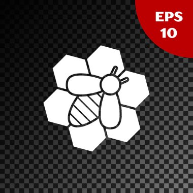 Beyaz Arı ve petek simgesi şeffaf koyu arka plan üzerinde izole. Bal hücreleri. Bal arısı veya kanat sembolü ile apis. Uçan böcek. Tatlı doğal yemekler. Vektör İllüstrasyonu