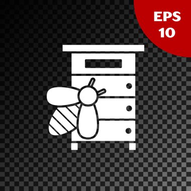 Şeffaf koyu arka plan üzerinde izole arılar simgesi için Beyaz Kovan. Arı kovanı sembolü. Apiary ve arıcılık. Tatlı doğal yemekler. Vektör İllüstrasyonu