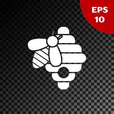 Şeffaf koyu arka plan üzerinde izole arılar simgesi için Beyaz Kovan. Arı kovanı sembolü. Apiary ve arıcılık. Tatlı doğal yemekler. Vektör İllüstrasyonu