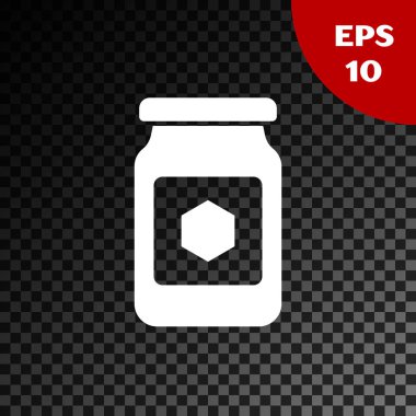 Beyaz Kavanoz bal simgesi şeffaf koyu arka plan üzerinde izole. Yemek bankası. Tatlı doğal gıda sembolü. Vektör İllüstrasyonu