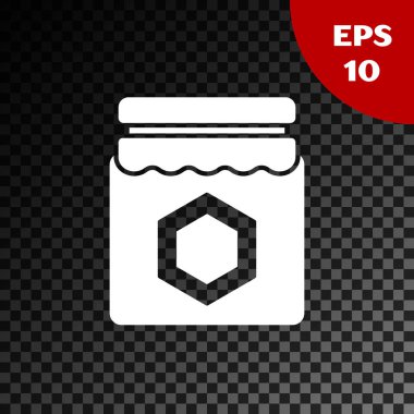 Beyaz Kavanoz bal simgesi şeffaf koyu arka plan üzerinde izole. Yemek bankası. Tatlı doğal gıda sembolü. Vektör İllüstrasyonu