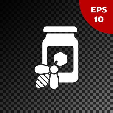 Şeffaf koyu arka plan üzerinde izole arı simgesi ile bal Beyaz Kavanoz. Bankada tatlı doğal gıda. Bal arısı veya kanat sembolü ile apis. Uçan böcek. Vektör İllüstrasyonu