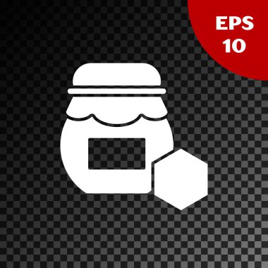 Beyaz Kavanoz bal simgesi şeffaf koyu arka plan üzerinde izole. Yemek bankası. Tatlı doğal gıda sembolü. Vektör İllüstrasyonu