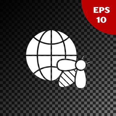 Dünya beyaz Petek haritası ve arı simgesi şeffaf koyu arka plan üzerinde izole. Dünya arı günü. Kavram ekolojik olay. Vektör İllüstrasyonu