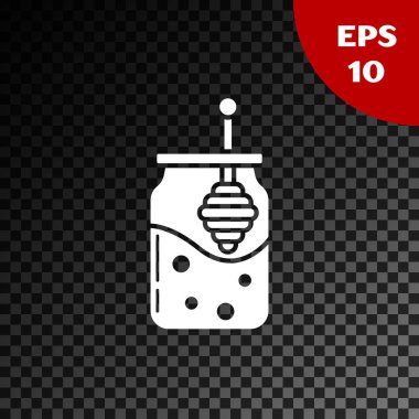 Beyaz Kavanoz bal ve bal dipper sopa simgesi şeffaf koyu arka plan üzerinde izole. Yemek bankası. Tatlı doğal gıda sembolü. Bal kepçesi. Vektör İllüstrasyonu