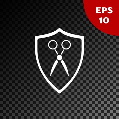 Beyaz Makas kuaför ve kalkan simgesi şeffaf koyu arka plan üzerinde izole. Kuaför, moda salonu ve berber burcu. Berber dükkanı sembolü. Vektör İllüstrasyonu