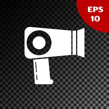 Beyaz Saç kurutucu simgesi şeffaf koyu arka plan üzerinde izole. Saç kurutma makinesi işareti. Saç kurutma sembolü. Sıcak hava üflüyor. Vektör İllüstrasyonu