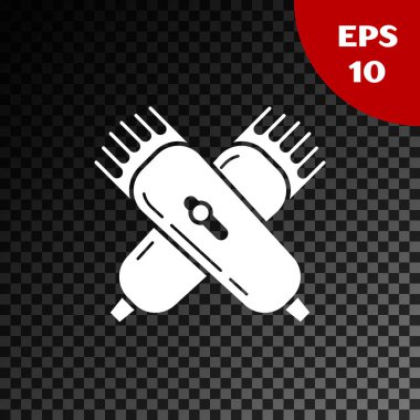 Beyaz Çapraz elektrikli saç makası veya tıraş makinesi simgesi şeffaf koyu arka plan üzerinde izole. Berber dükkanı sembolü. Vektör İllüstrasyonu