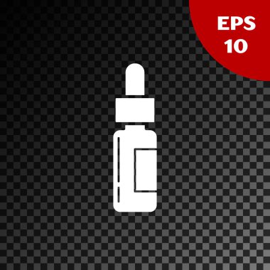 Pipetli beyaz cam şişe. Şeffaf koyu arka plan üzerinde izole simgesi içinde bir pipet ile Şişe. Tıbbi ve kozmetik ürün konteyner. Vektör İllüstrasyonu