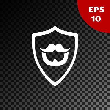 Beyaz Bıyık ve sakal kalkan simgesi şeffaf koyu arka plan üzerinde izole. Berber dükkanı sembolü. Yüz saç stili. Vektör İllüstrasyonu
