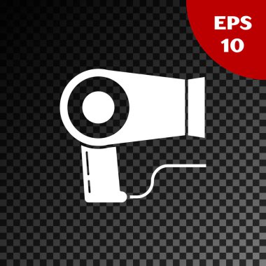 Beyaz Saç kurutucu simgesi şeffaf koyu arka plan üzerinde izole. Saç kurutma makinesi işareti. Saç kurutma sembolü. Sıcak hava üflüyor. Vektör İllüstrasyonu