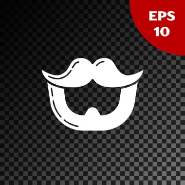 Beyaz Bıyık ve sakal simgesi şeffaf koyu arka plan üzerinde izole. Berber dükkanı sembolü. Yüz saç stili. Vektör İllüstrasyonu