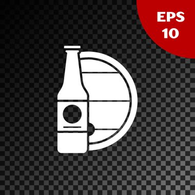 Beyaz Bira şişesi ve ahşap varil simgesi şeffaf koyu arka plan izole. Vektör İllüstrasyonu