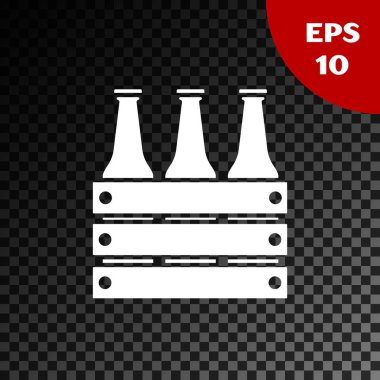 Şeffaf koyu arka plan üzerinde izole bira şişeleri simgesi Beyaz Paketi. Tahta kutu ve bira şişeleri. Kasa kasa bira kutusu tabelası. Vektör İllüstrasyonu