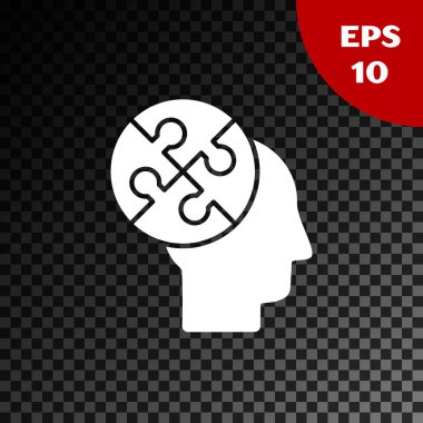 Beyaz İnsan kafa bulmacalar strateji simgesi şeffaf karanlık arka plan üzerinde izole. Beyin işaretini düşünmek. Beynin sembol çalışması. Vektör İllüstrasyonu