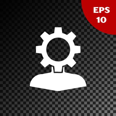 Beyaz İnsan şeffaf koyu arka plan üzerinde izole simgesi içinde dişli ile. Yapay zeka. Beyin işaretini düşünmek. Beynin sembol çalışması. Vektör İllüstrasyonu