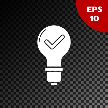 Saydam koyu arka plan da yalıtılmış beyaz ampul ve onay işareti simgesi. Fikir kavramı. Vektör İllüstrasyonu