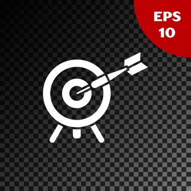 Saydam koyu arka planda izole edilmiş ok simgesine sahip Beyaz Hedef. Dart tahtası tabelası. Okçuluk tahtası simgesi. Dart tahtası işareti. İş hedefi kavramı. Vektör İllüstrasyonu