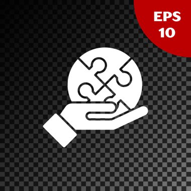 Eldeki beyaz bulmaca parçası simgesi saydam koyu arka plan üzerinde izole. İş, pazarlama, finans, şablon, düzen, infographics kavramı. Vektör İllüstrasyonu