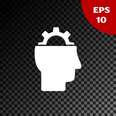 Beyaz İnsan şeffaf koyu arka plan üzerinde izole simgesi içinde dişli ile. Yapay zeka. Beyin işaretini düşünmek. Beynin sembol çalışması. Vektör İllüstrasyonu