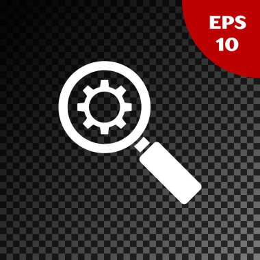 Beyaz Büyüteç ve dişli simgesi şeffaf koyu arka plan üzerinde izole. Arama dişli aracı. İş analizi sembolü. Vektör İllüstrasyonu