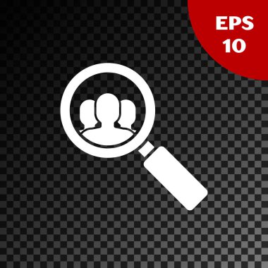 Arama için Beyaz Büyüteç saydam koyu arka plan üzerinde izole edilmiş bir insan simgesi. İşe alım veya seçim konsepti. Çalışanları ve işi arayın. Vektör İllüstrasyonu