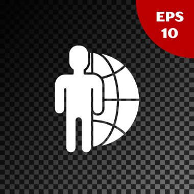 Beyaz Küre ve saydam koyu arka planda izole edilmiş kişiler simgesi. Küresel iş sembolü. Sosyal ağ simgesi. Vektör İllüstrasyonu