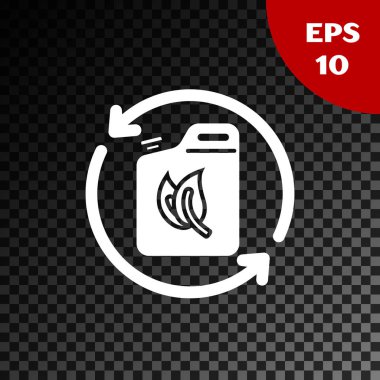 Şeffaf koyu arka plan üzerinde izole Beyaz Bio yakıt kutusu simgesi. Eko biyo ve varil. Yeşil çevre ve geri dönüşüm. Vektör İllüstrasyonu