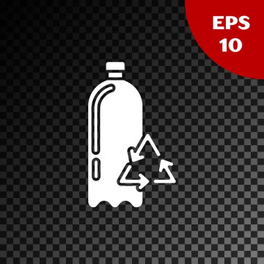 Beyaz Geri Dönüşüm plastik şişe simgesi şeffaf koyu arka plan üzerinde izole. Vektör İllüstrasyonu