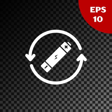 Saydam koyu arka planda yalıtılmış geri dönüşüm simgesi simgesine sahip Beyaz Pil. Geri dönüşüm sembolü ile Pil - yenilenebilir enerji kavramı. Vektör İllüstrasyonu