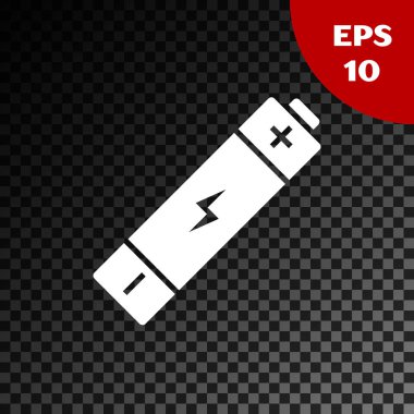 Saydam koyu arka planda yalıtılmış Beyaz Pil simgesi. Yıldırım sembolü. Vektör İllüstrasyonu