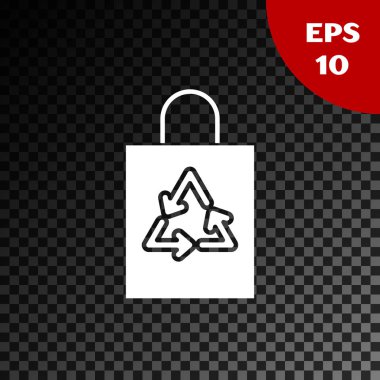 Şeffaf koyu arka plan üzerinde izole geri dönüşüm simgesi ile Beyaz Plastik torba. Geri dönüşüm sembolü ile çanta. Vektör İllüstrasyonu