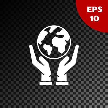 Saydam karanlık arka plan üzerinde izole Dünya dünya simgesi tutan Beyaz İnsan elleri. Dünya kavramını kurtarın. Vektör İllüstrasyonu