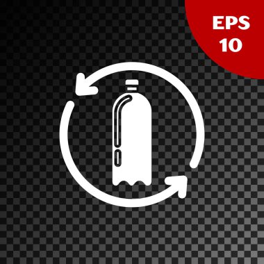 Beyaz Geri Dönüşüm plastik şişe simgesi şeffaf koyu arka plan üzerinde izole. Vektör İllüstrasyonu