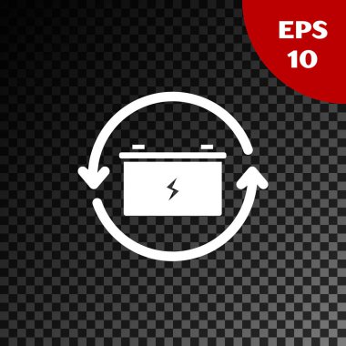 Saydam koyu arka planda yalıtılmış geri dönüşüm simgesi simgesine sahip Beyaz Pil. Geri dönüşüm sembolü ile Pil - yenilenebilir enerji kavramı. Vektör İllüstrasyonu