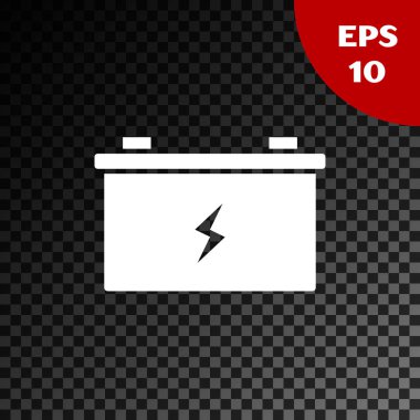 Beyaz Araba pil simgesi şeffaf koyu arka plan üzerinde izole. Akümülatör pil enerji gücü ve elektrik akümülatör pil. Vektör İllüstrasyonu