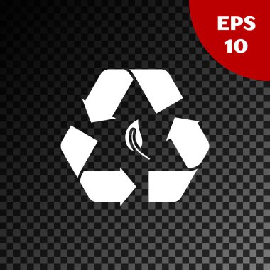 Saydam koyu arka plan üzerinde yalıtılmış Beyaz Geri Dönüşüm simgesi ve yaprak simgesi. Çevre geri dönüştürülebilir yeşil gidin. Vektör İllüstrasyonu