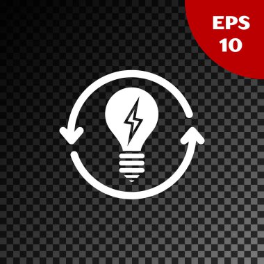 Beyaz Geri Dönüşüm ve ışık ampulü ile şimşek sembolü simgesi saydam koyu arka plan üzerinde izole. Işık lambası işareti. Fikir sembolü. Vektör İllüstrasyonu