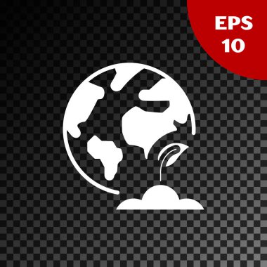 Beyaz Dünya küresi ve bitki simgesi şeffaf koyu arka plan üzerinde izole. Dünya veya Dünya işareti. Geometrik şekiller. Çevre kavramı. Vektör İllüstrasyonu